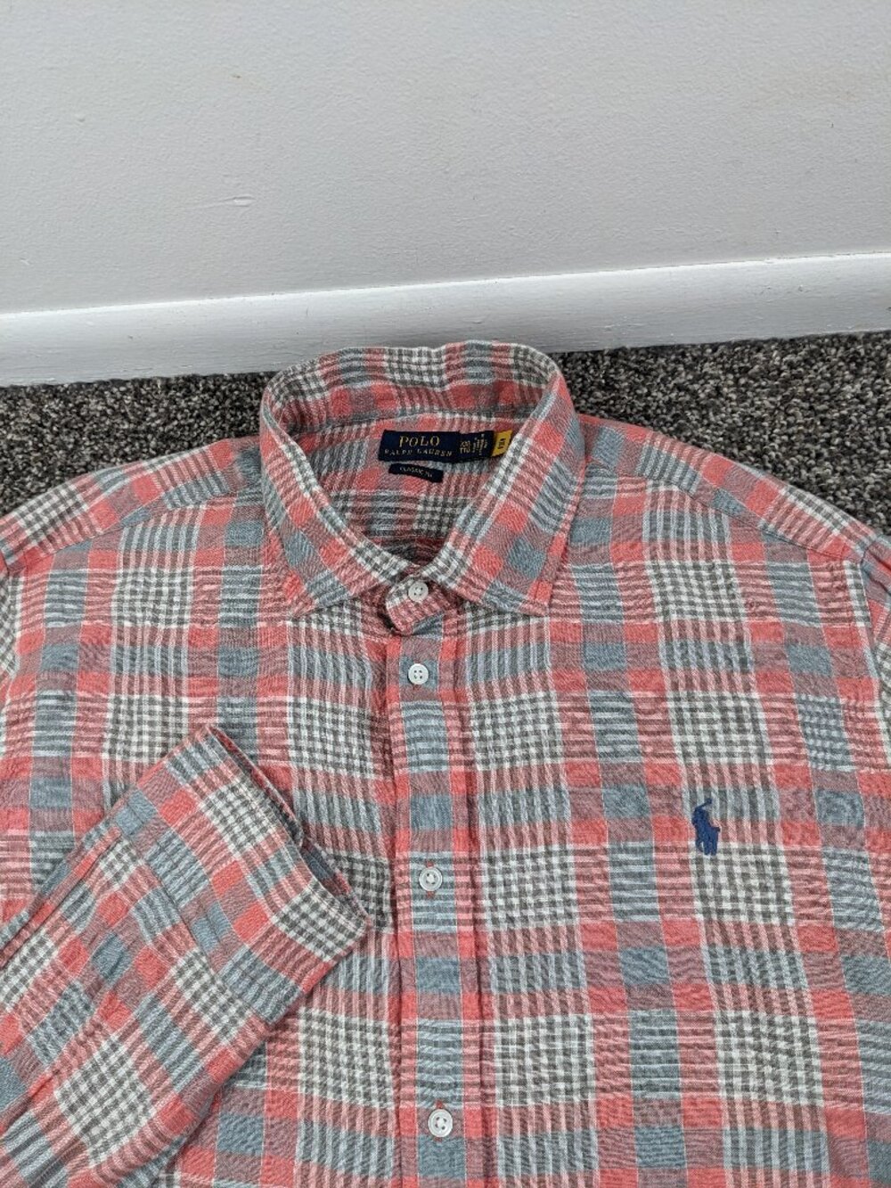 Polo Ralph Lauren Shirt Linen Plaid L/S Button Down Gray Pink Mens 2XL
